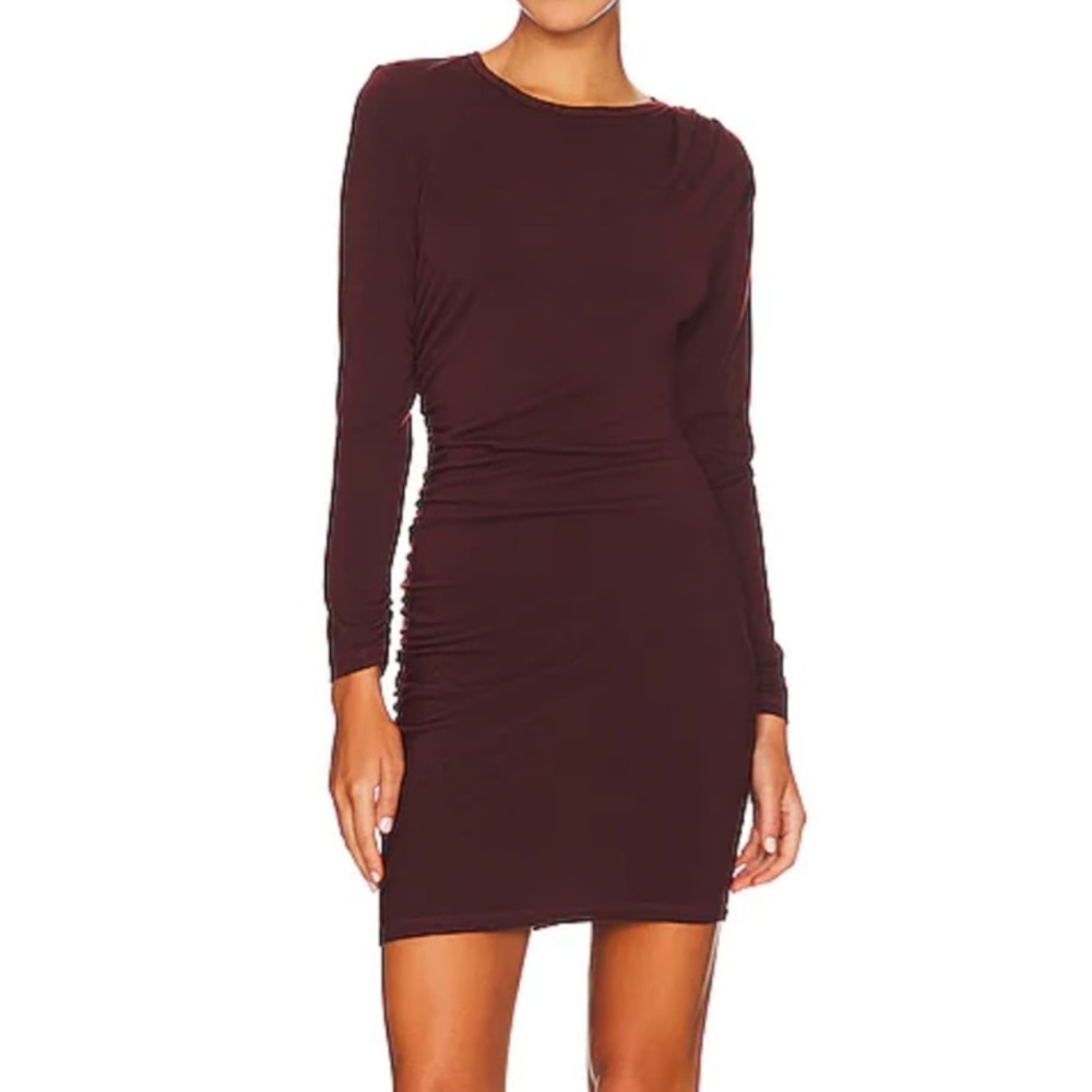 SUNDRY Ruched Long Sleeve Mini Dress in Mahogany 3